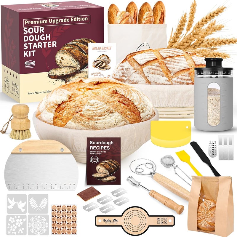 Risecret Sourdough Starter Kit with Sourdough Starter Jar, 9"Round and 10"Oval Rattan Banneton Bread Proofing Basket Set, Sourdough Baking Tools, Bread Making Supplies Gift for Bakers all - Image 1